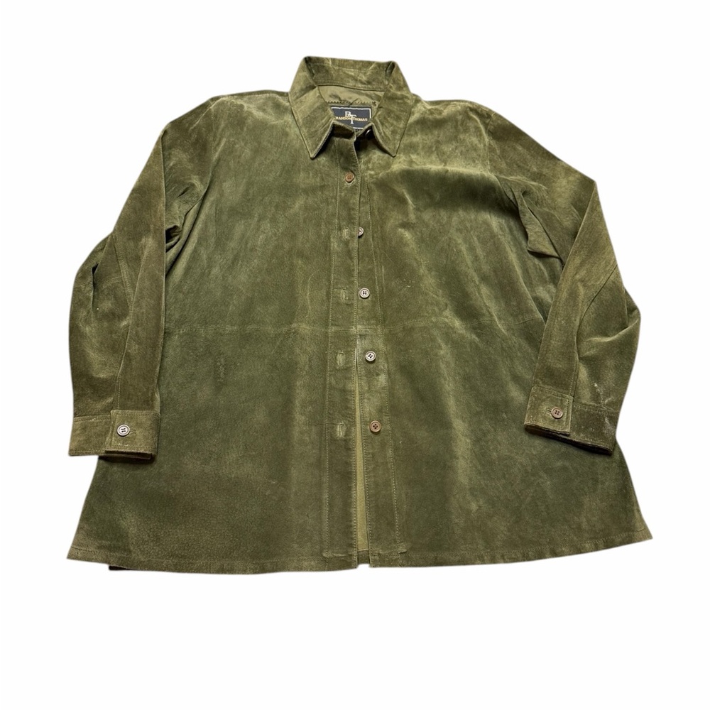 🧥 Brandon Thomas‎ ✨ Olive Green 100% Leather Shirt Jacket Women’s 2X 🍃
